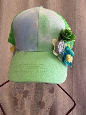 Green Floral Accent tie dye trucker hat with flowers and succulents handmade